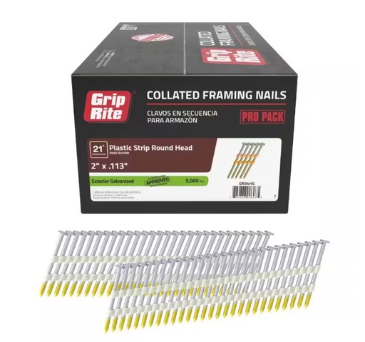 [GR04HG] Grip Rite Plastic Collated Ring Shank Nail 21 Degree 2x0.133 5000ct